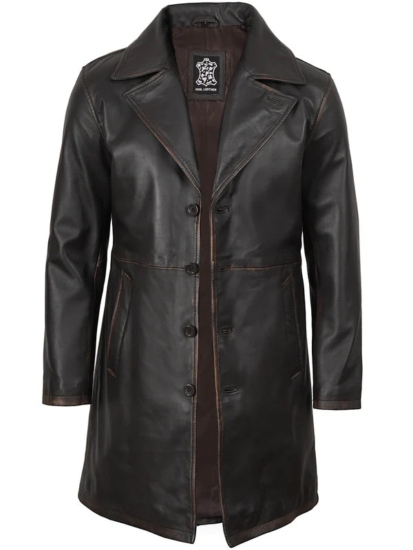 Men's Real Leather 3 4 Length Dark Brown Car Coat